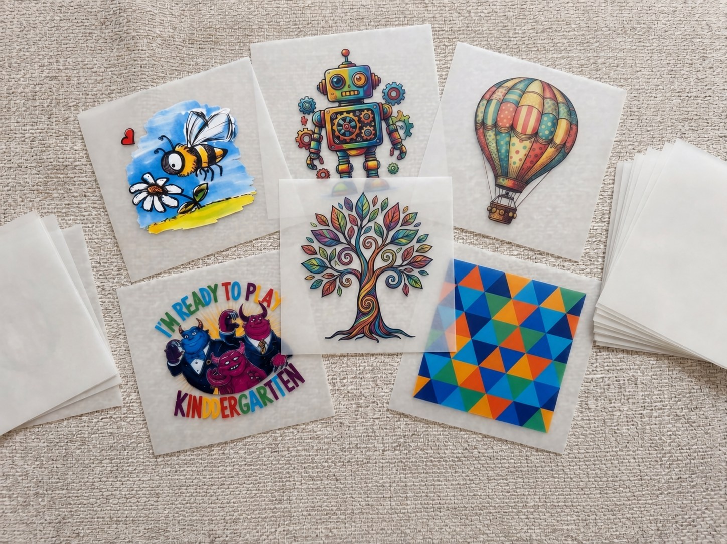 Colorful DTF transfer film samples showing detailed CMYK and white ink output
