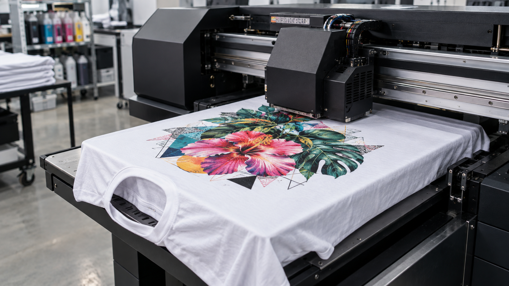 Professional DTG printer applying a vivid pigment design directly onto a white cotton T-shirt