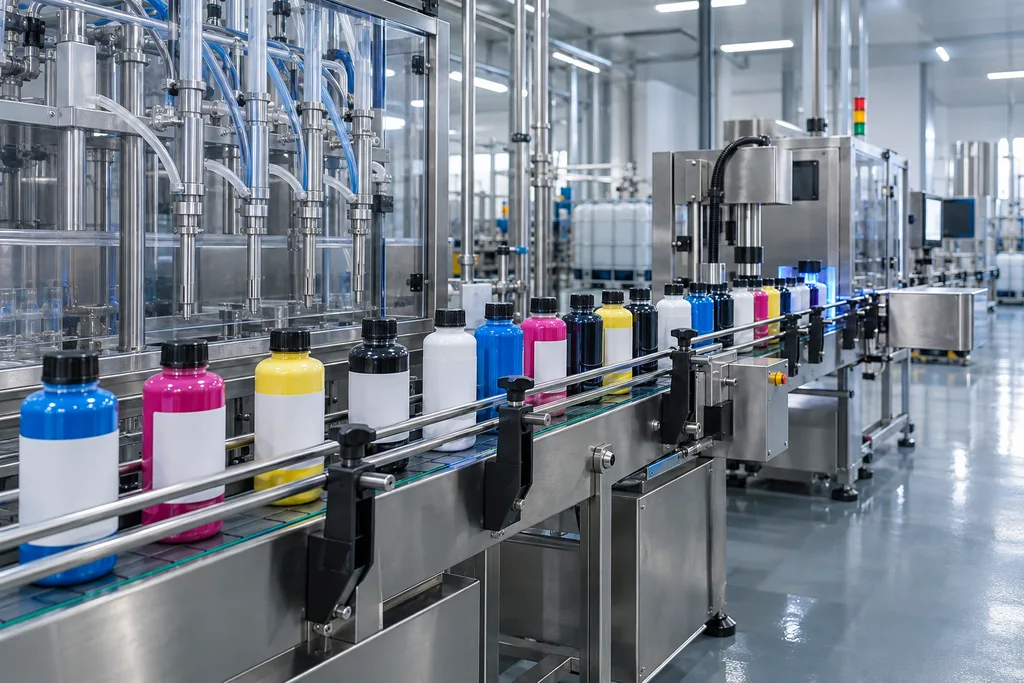 Water-based textile ink filling line with unbranded bottles
