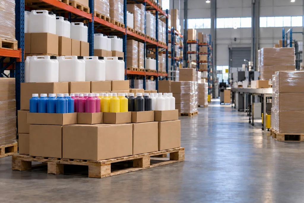 Warehouse stock of unbranded water-based textile ink bottles ready for dispatch