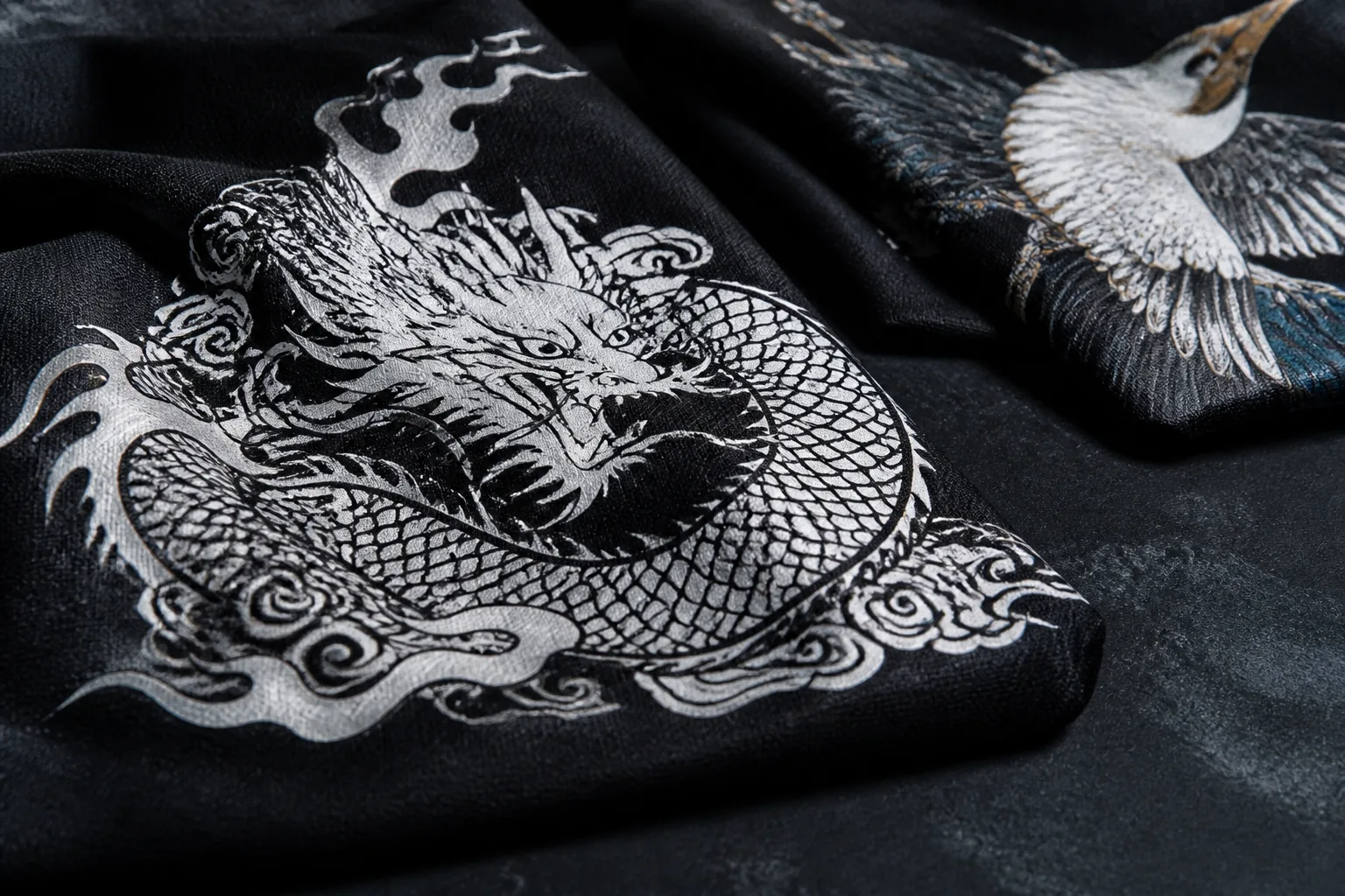 Opaque white textile print detail on black fabric